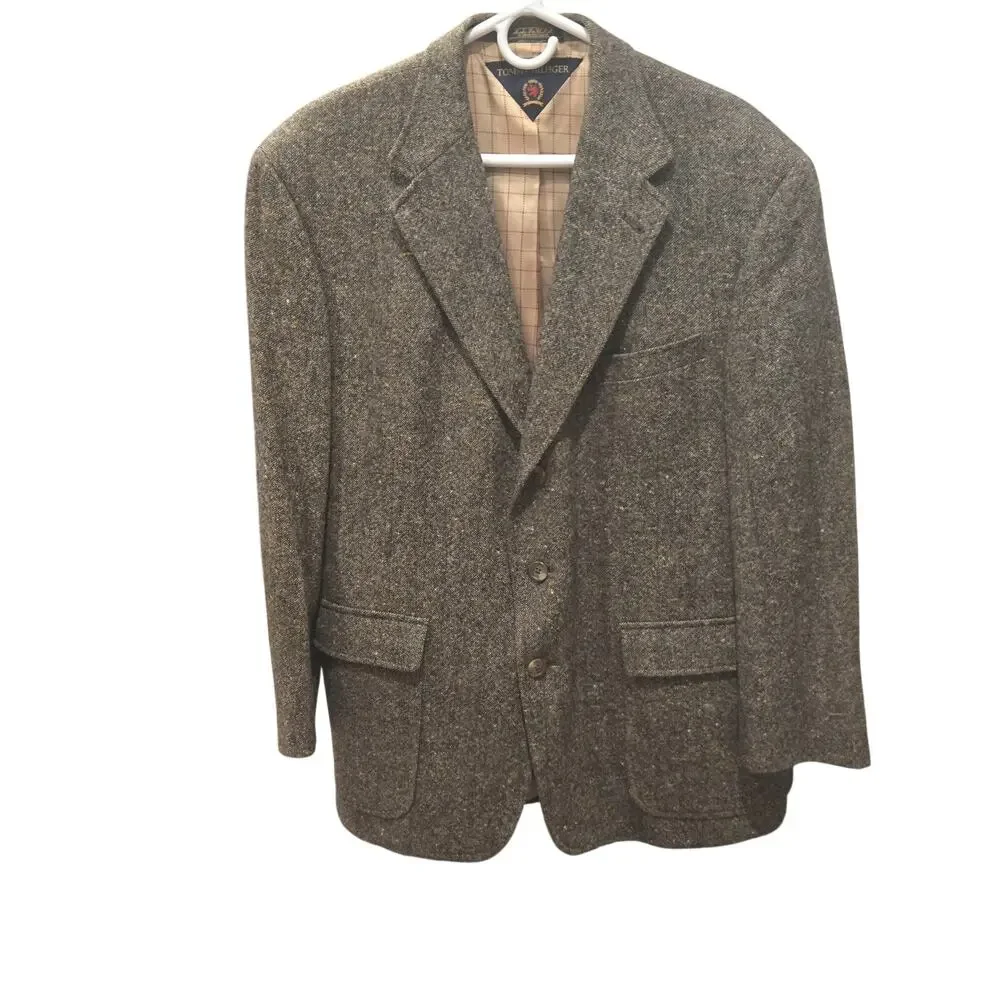 Vintage Tommy Hilfiger Brown Herringbone Wool Tweed Sport Coat Blazer 42S